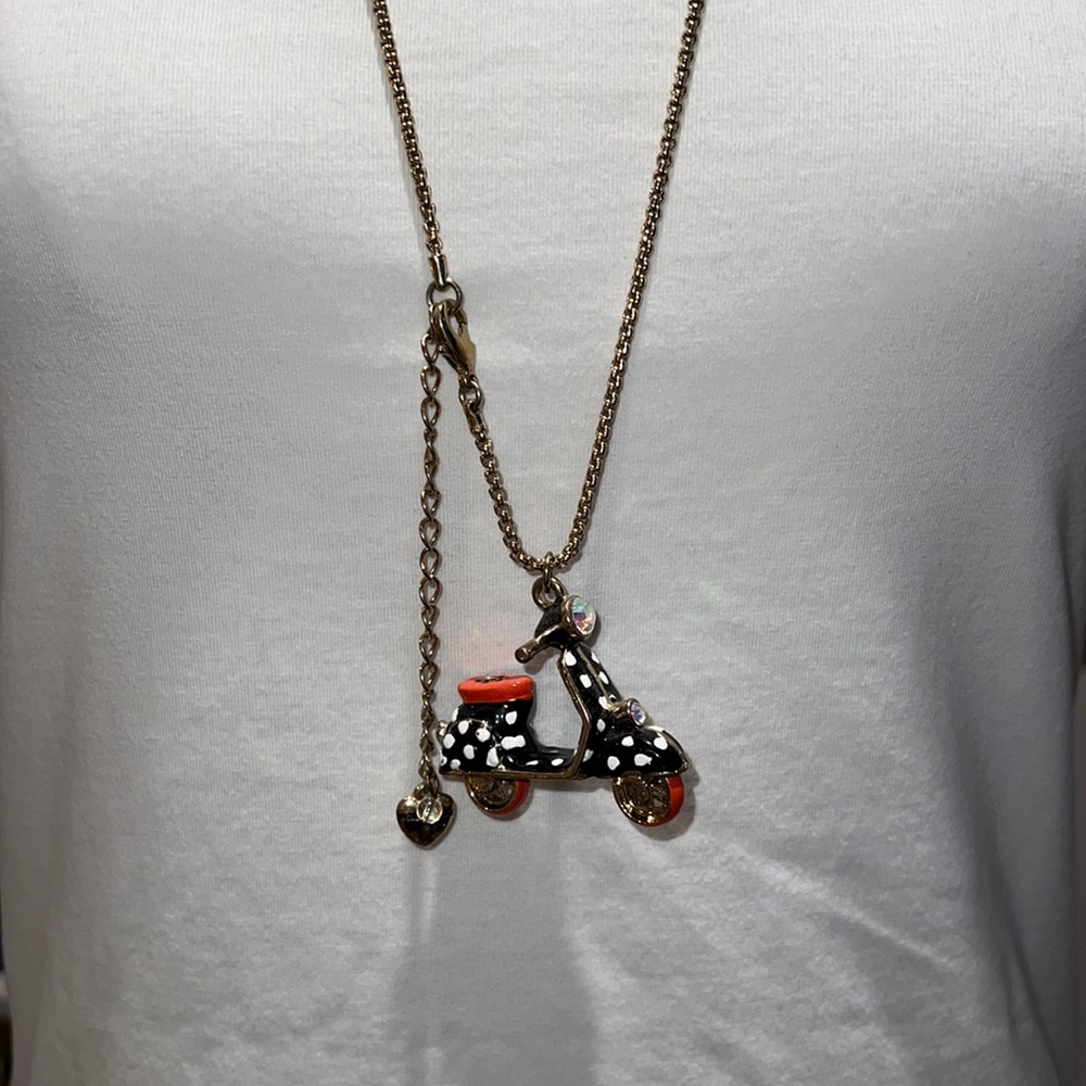 Betsey Johnson Mod Black & Orange Scooter w/ Spinning Wheels Pendant Necklace